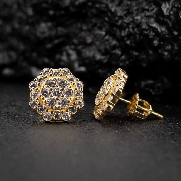 Yellow Gold 925 Sterling Silver Men's Hip Hop Octagon Cz Cluster Stud Earrings - Picture 4 of 5